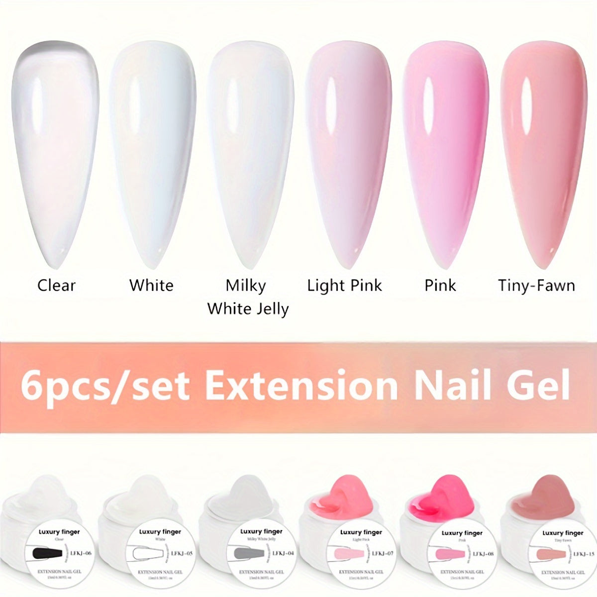 Six-Color Builder Gel Set, 15ml Each in Clear, White, Milky Jelly, Light Pink, Pink and Nude for Nail Extensions