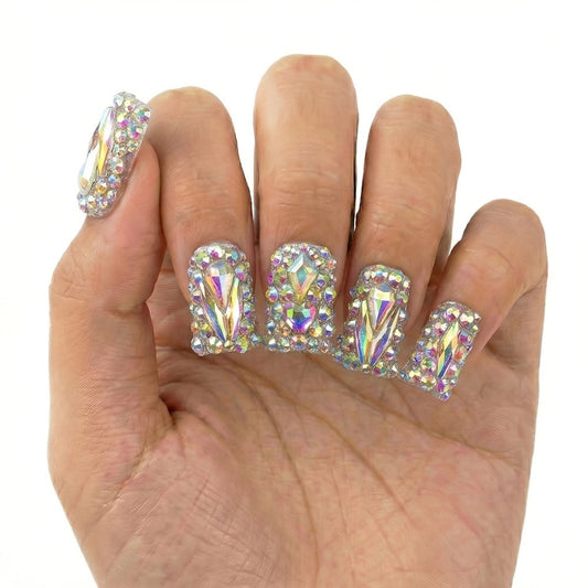 Press On Nails 10-Piece Short Duckbill Set with Glossy Mixed Colors, AB Crystals and Gel Adhesive Tabs