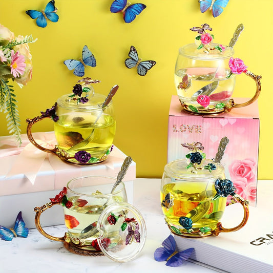 Flower Glass Tea Cups with Lids and Spoon Set of 4 – Butterfly Floral Vintage Clear Glass Mugs 11oz, Fancy Teacup Gift Set for Women Mom Wife Girlfriend, Pink Purple Blue Red