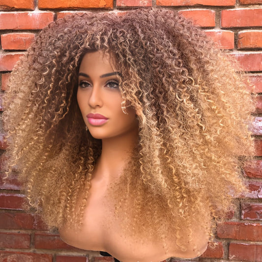 Synthetic Wig 18-Inch Kinky Curly Afro with Full Bangs, Glueless Straps and Combs for Costume Styling