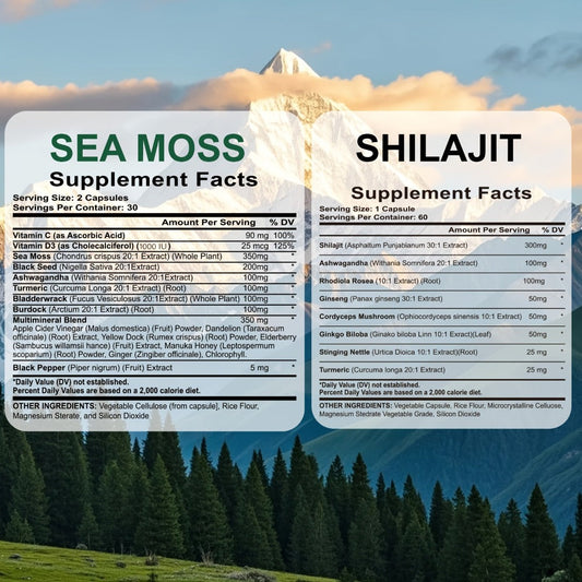 Sea Moss & Shilajit Supplement Bundle 10 Bottles – 12-in-1 Sea Moss + 8-in-1 Shilajit with Ashwagandha, Black Seed Oil, Ginseng & Bladderwrack | Morning & Evening Energy Formula for Men & Women