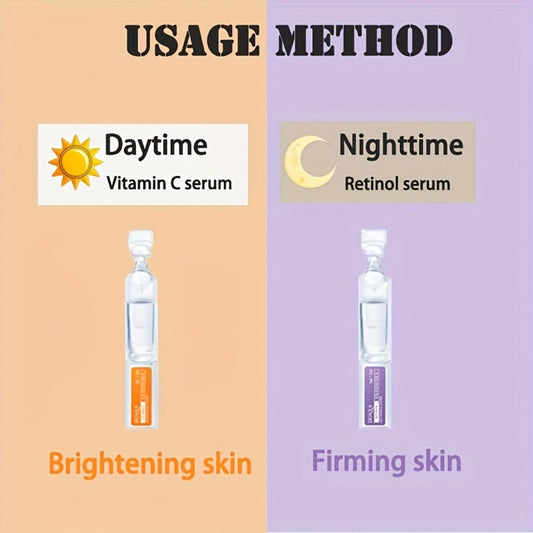Retinol & Vitamin C Essence Set AM + PM Anti-Aging Serum Duo – Brightening Morning & Firming Night Skincare for All Skin Types, Travel-Friendly Single-Use Portions, 30 Pcs Each