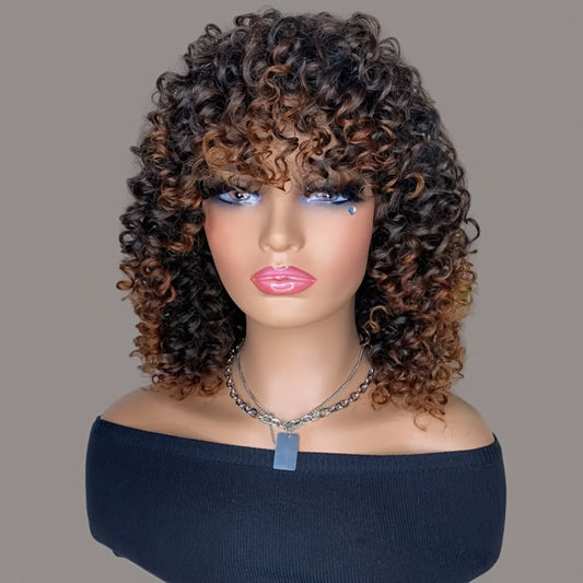 Synthetic Wig 14-Inch Kinky Curly Afro with Bangs in Black, Granny Gray or Dark Brown for Daily Styling