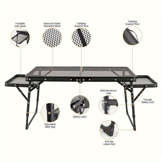 Portable Folding Camping Table with 2 Wingboards & Mesh Top – Height Adjustable Outdoor Grill Side Table for Picnic Barbecue Beach Backpacking, Lightweight Compact Folding Table with Carry Bag