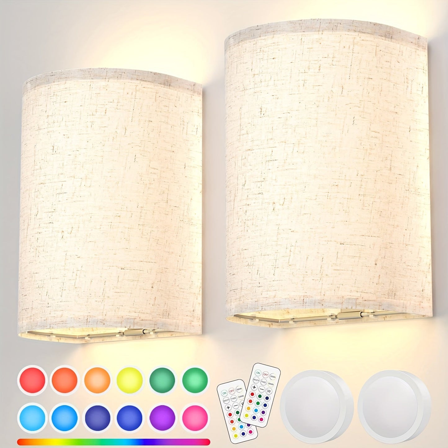 Rechargeable Two-Light Fabric Shade Wall Sconce Set with Magnetic Puck Lights and CCT or RGB Option