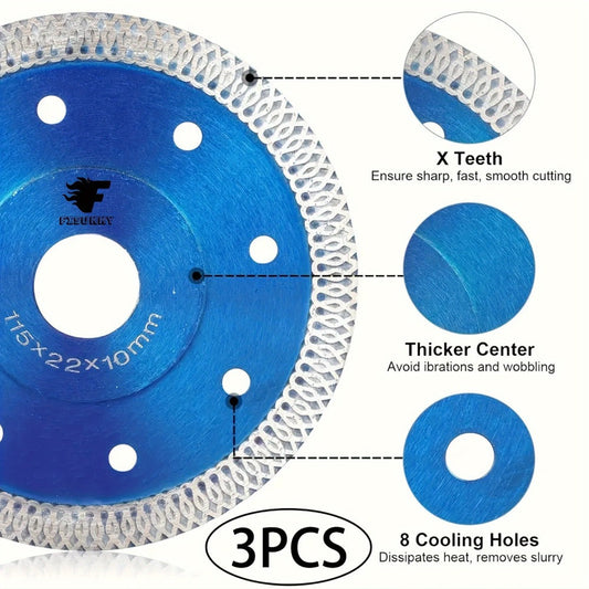 Diamond Saw Blade 4-1/2 Inch 3-Pack X-Teeth Ultra Thin Dry Wet Cut for Porcelain Ceramic Tile Brick Granite Concrete 13000 RPM 7/8 Arbor with 5/8 Adapter DIY Home Use