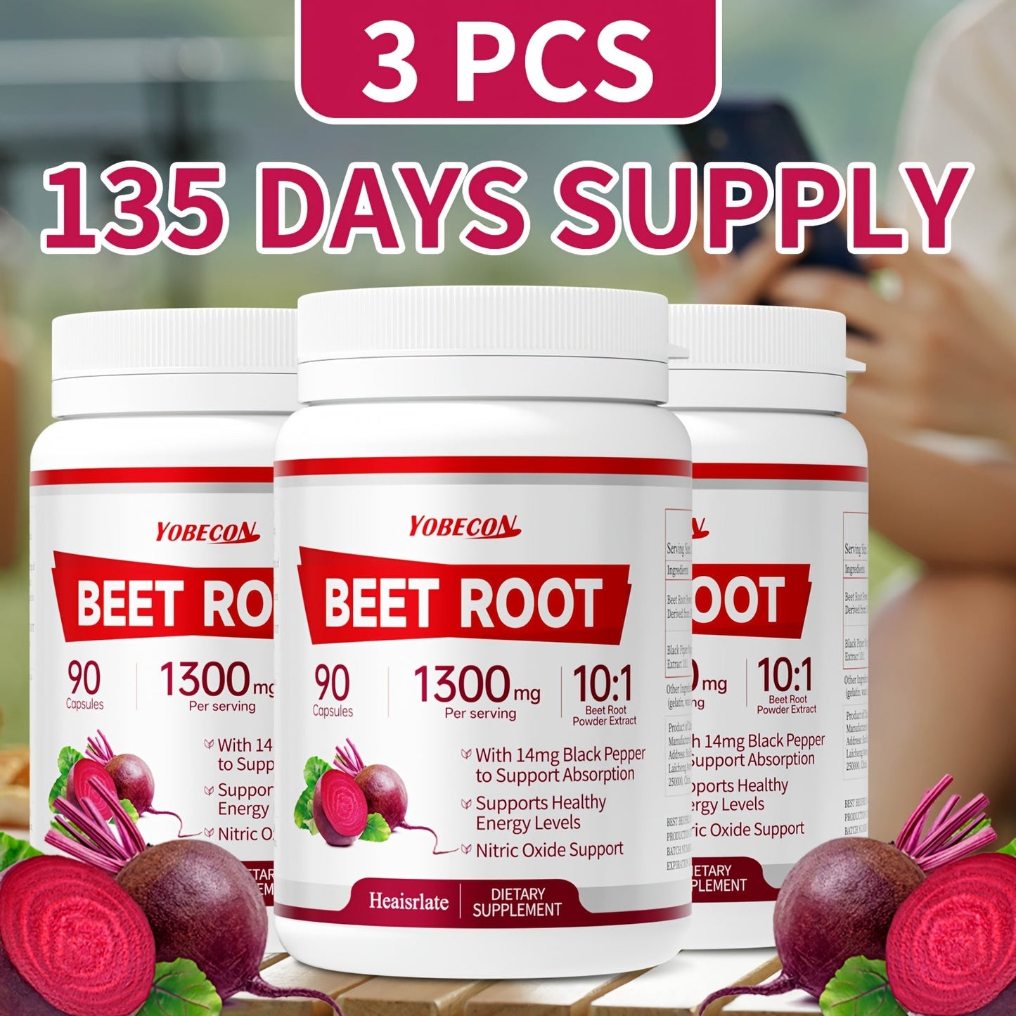 Dietary Supplement Beet Root 1300mg Vegetarian Capsules with One-, Two- or Three-Bottle Options