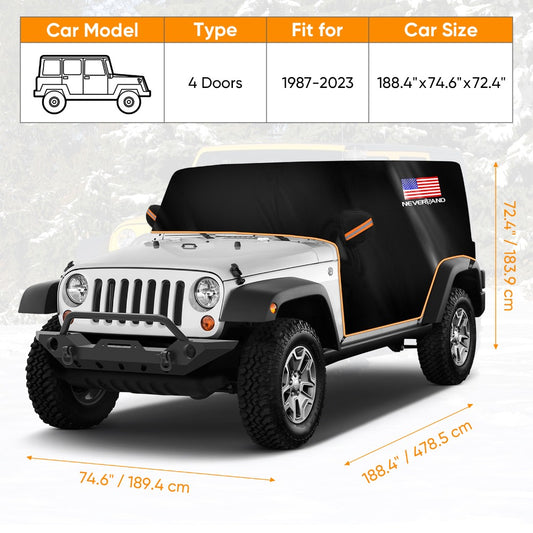 Jeep Wrangler Half Car Cover Waterproof 210D Oxford Fabric – Reflective Strip Windproof Straps for JK JL JKU JLU 2-Door & 4-Door 2007–2024