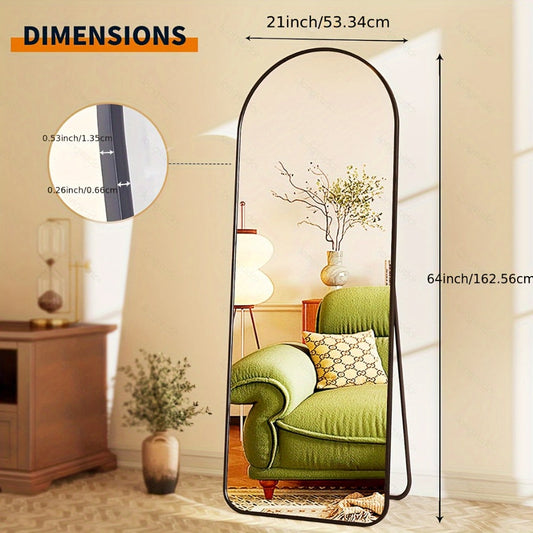 Full Length Mirror 59"x16" Arched Leaning Wall Mirror, Aluminum Alloy Thin Frame, Vertical or Tilted, Black & Gold