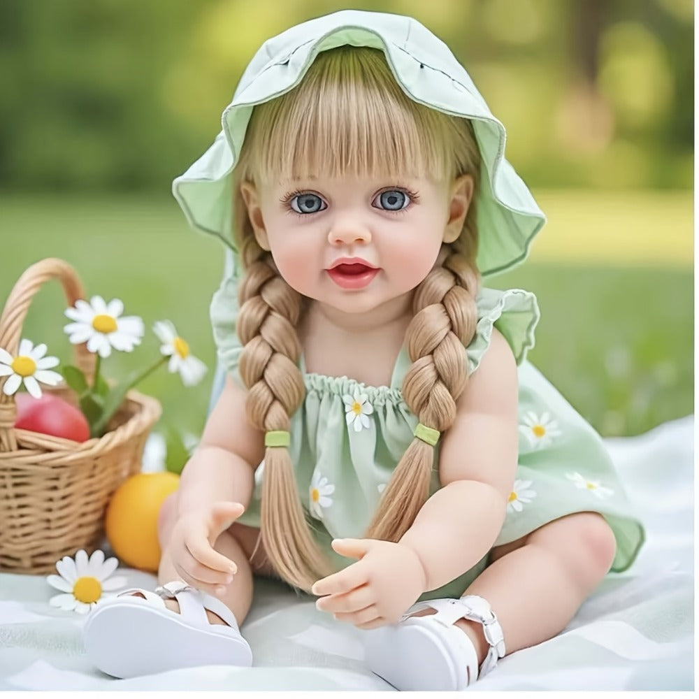 Reborn Baby Doll 22-Inch Full Vinyl Design with Long Blonde Hair, Open Eyes, Green Outfit and Accessories