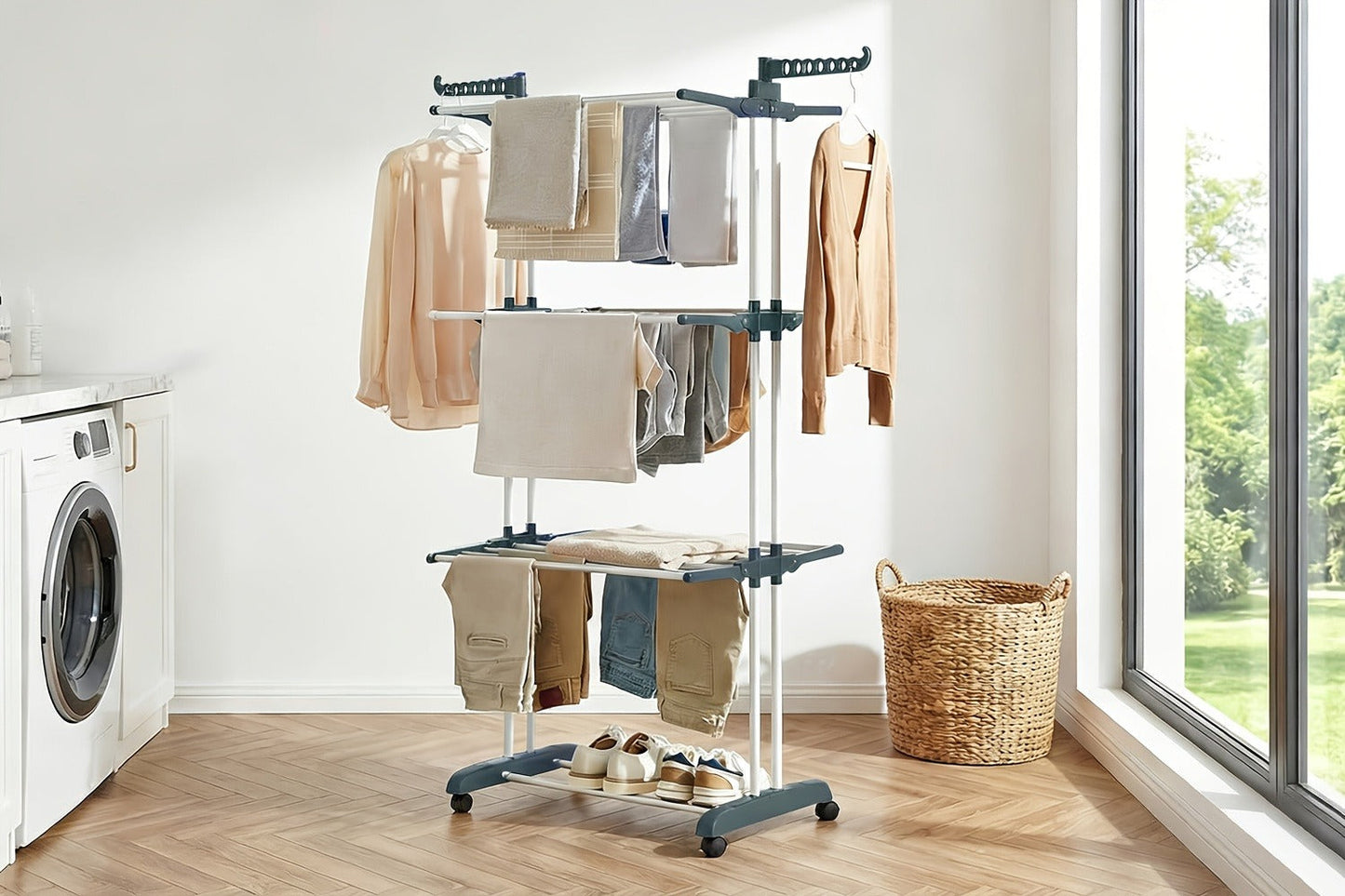 Four-Tier Foldable Metal Clothes Drying Rack with Casters for Up to 30 Garments and Small Spaces
