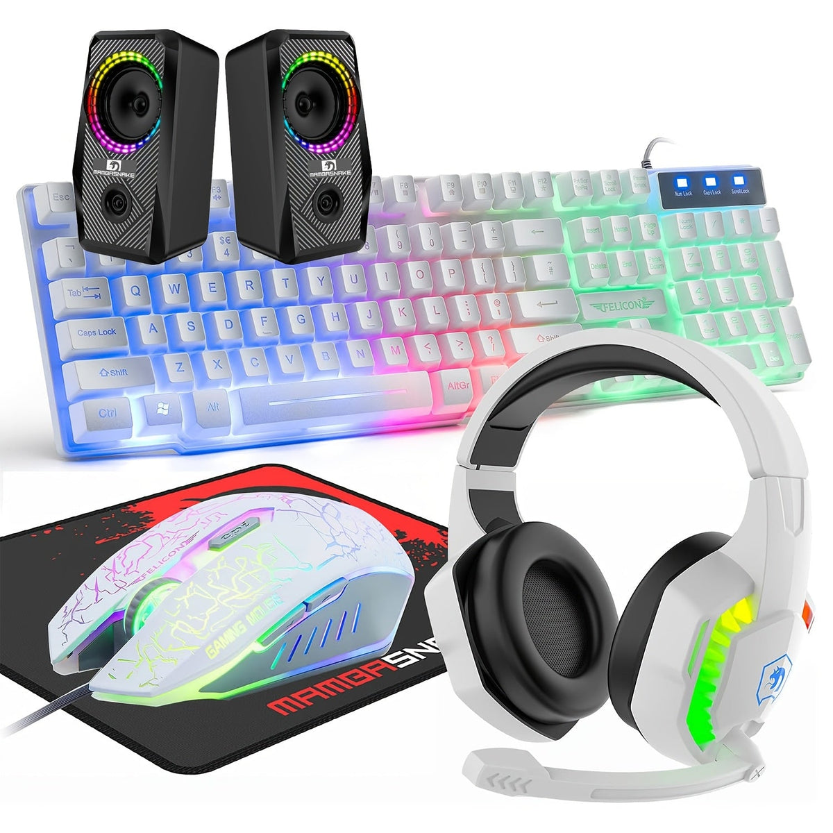 Complete 5-in-1 Gaming Setup Bundle RGB, 104 Keys Wired Keyboard, 2400 DPI Optical Mouse, Gaming Headphone