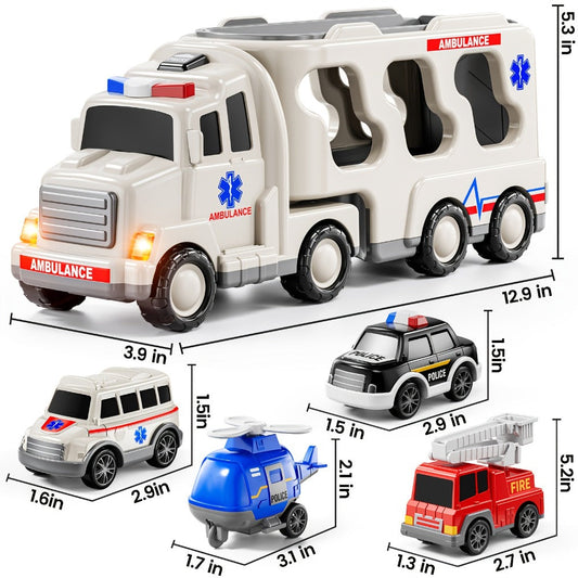Ambulance Truck Toy Set for Boys – 5-in-1 Friction Power Carrier Truck with Lights & Sounds, Push & Go Emergency Vehicle Toys for Toddlers Kids Ages 3+, Birthday Christmas Gift for Boys