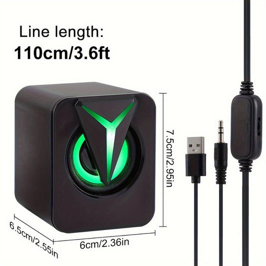 USB Powered Computer Speakers 2.0 Mini Stereo Desk Audio System with RGB Lights, Volume Control, 3.5mm AUX Input, HiFi Sound for PC, Laptop, Tablet & Phone — Plug and Play, No Driver Needed