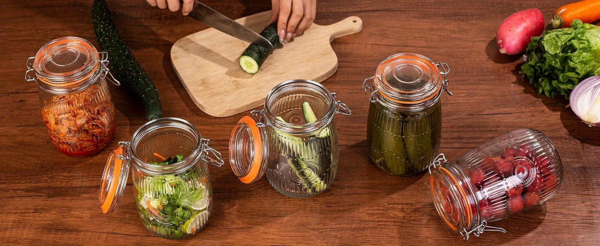 Mason Jars 6-Pack, 32 oz Wide-Mouth Glass Canisters with Hinged Lids and Sunflower Pattern for Coffee, Sugar, Beans and Spices
