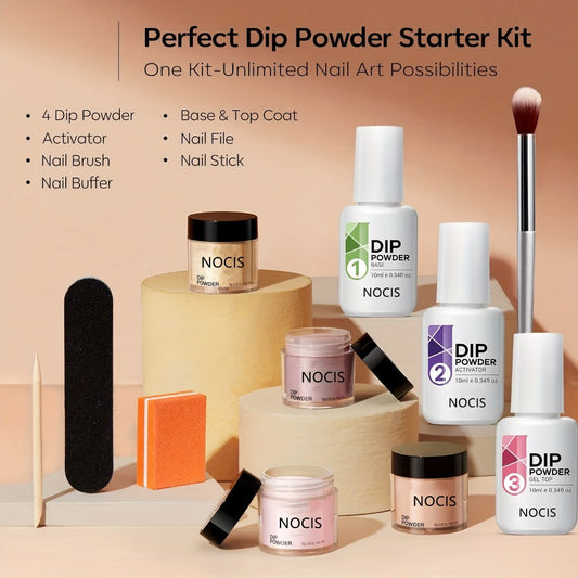 Dip Powder Nail Kit 11 Piece Complete Starter Set 4 Colors Nude Skin Tone Golden Glitter Acrylic Dipping Powder with Base Coat Top Coat & Activator - No Lamp French Nail Art Manicure Gift Set