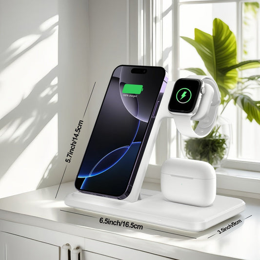 USB-C 3-in-1 Wireless Charging Station Upright Stand – Fast Charge Dock for iPhone 16 15 14 13 12 Pro Max, Apple Watch Ultra Series 10 9 8 7 SE & AirPods Pro 2 | Black & White