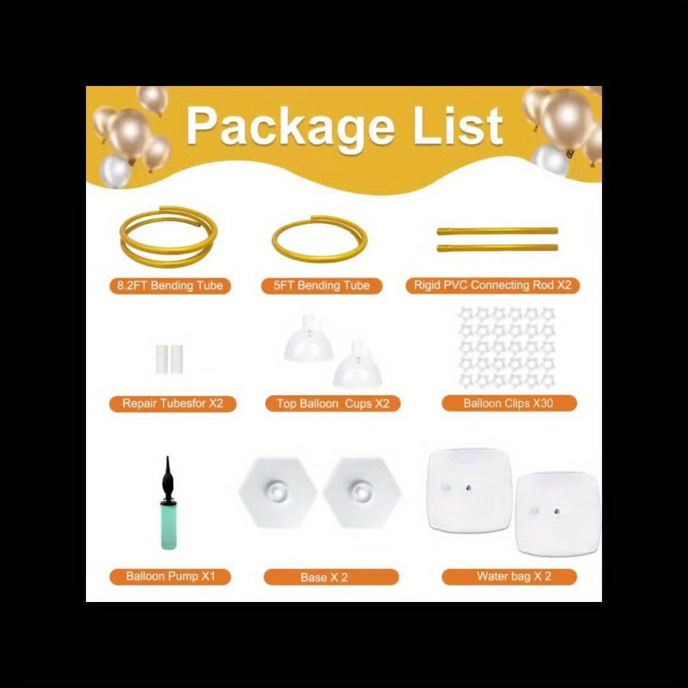 Two-Piece Flexible Gold Balloon Arch Stand Kit with 8FT and 5FT Columns, Bases and Attachments