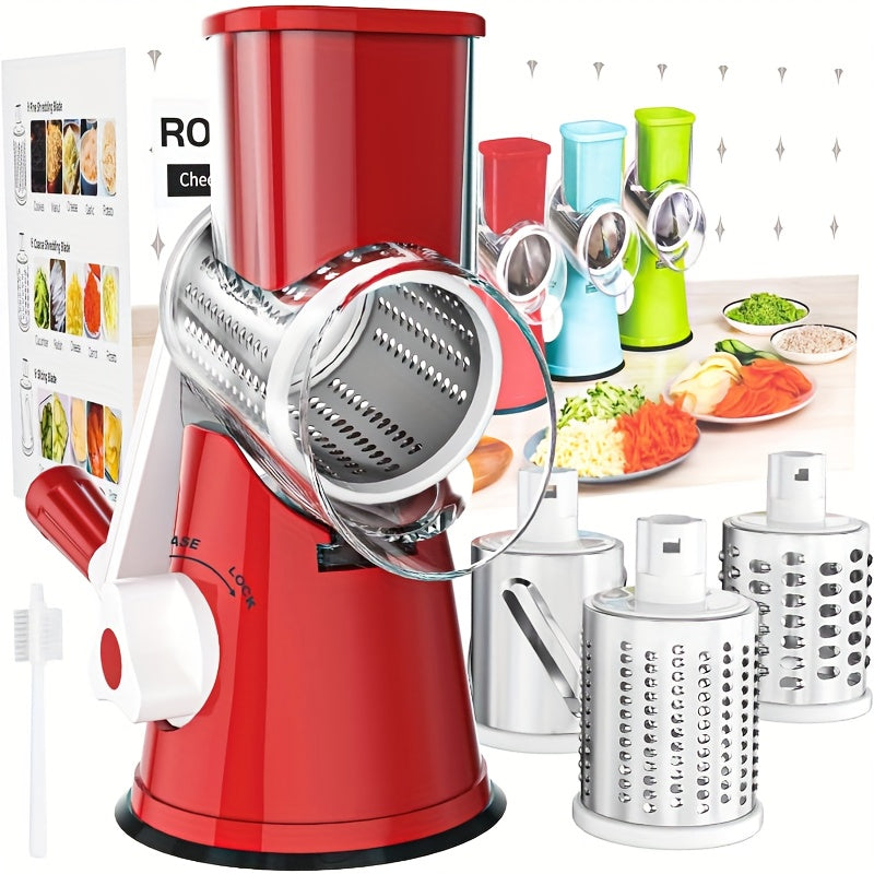 Rotary Cheese Grater with Hand Crank, 3 Interchangeable Blades for Cheese, Vegetables & Nuts, Suction Base