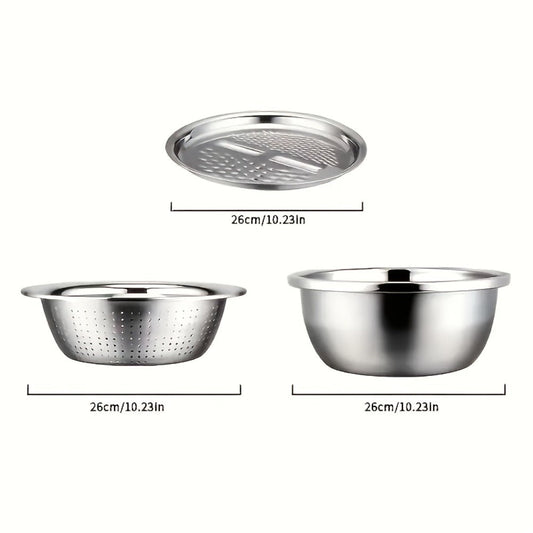 Stainless Steel 3-in-1 Kitchen Prep Set with Mixing Bowl Built-In Grinder Multi-Layer Slicer and Drainage System Food Safe Prep Bowl for Fruits Vegetables Cheese