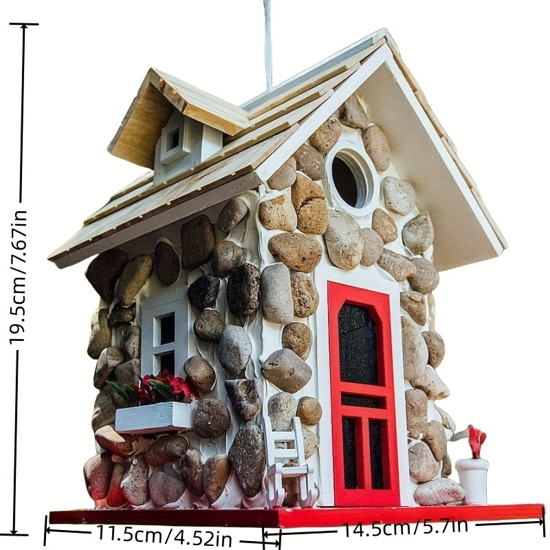 Stone-Look Cottage Garden Ornament in One-Piece Resin with Red Door, Shingled Roof and Hanging Loop