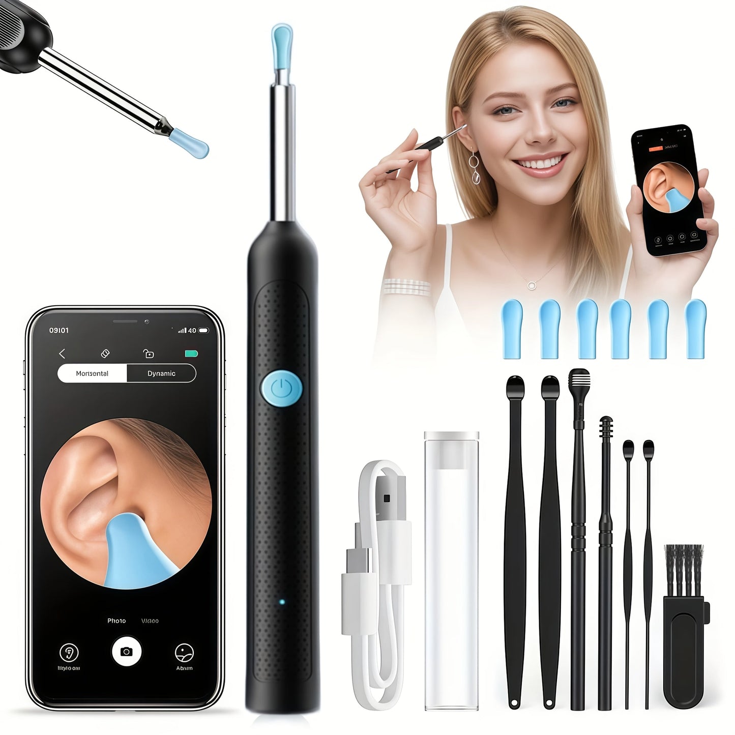 White Visual Ear Camera Tool with Built-In Light in Basic or Seven-Piece Accessory Configurations