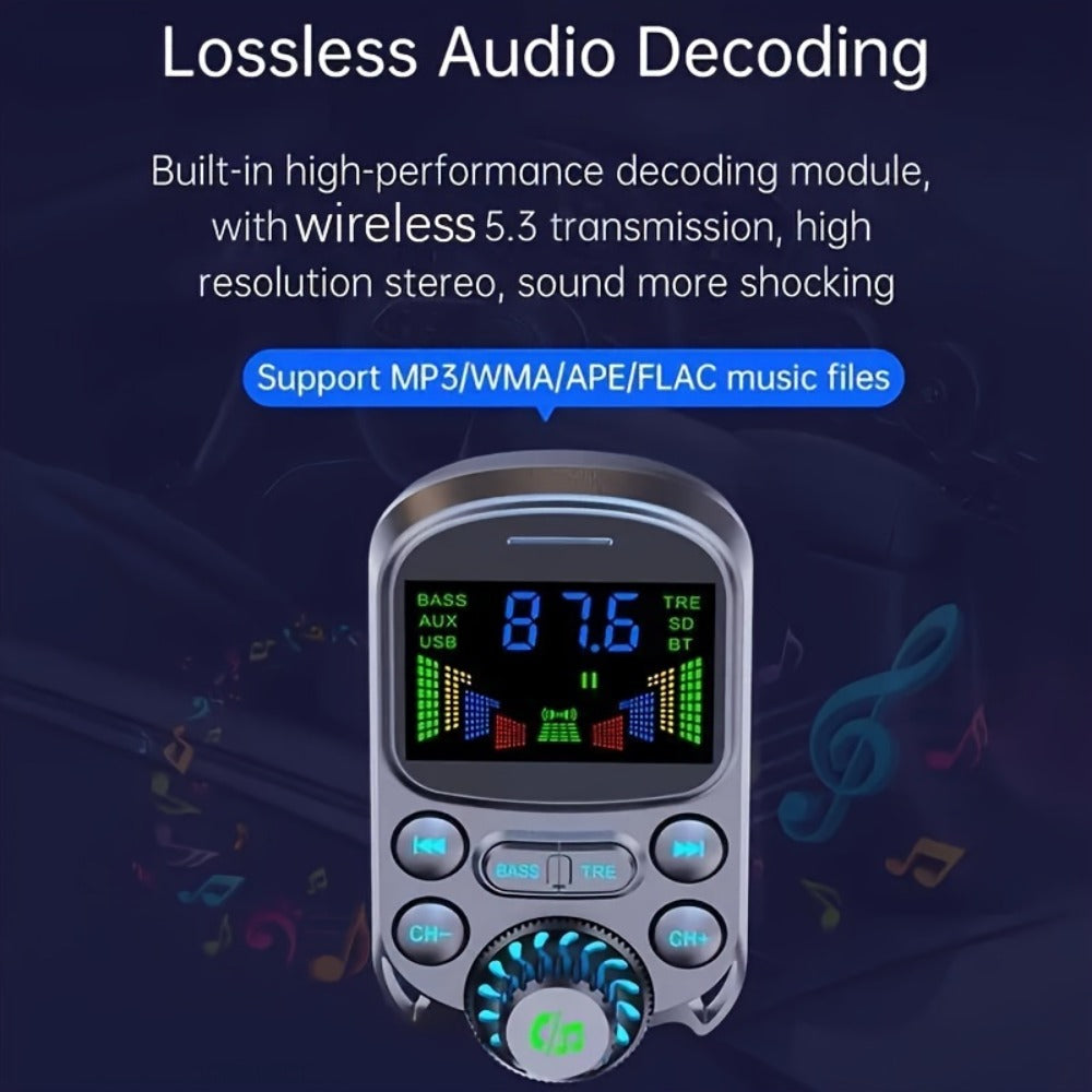 Flexible-Neck Car FM Transmitter with Color Display, USB-C and USB-A Ports, AUX Input and Call Controls