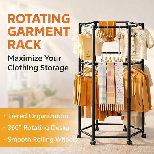 Rolling Hexagon Clothes Drying Rack 1 or 2 Layer – Sturdy Metal Floor Stand with Wheels, Multi-Bar & 10 Clips, Portable Laundry Rack for Bedroom, Balcony & Dorm
