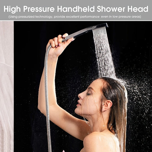 High Pressure Rainfall Shower Head Handheld Combo 4-Spray Modes 10 12 Inch Adjustable Extension Arm 78-Inch Hose Adhesive Holder Wall Mount Chrome Black Bathroom