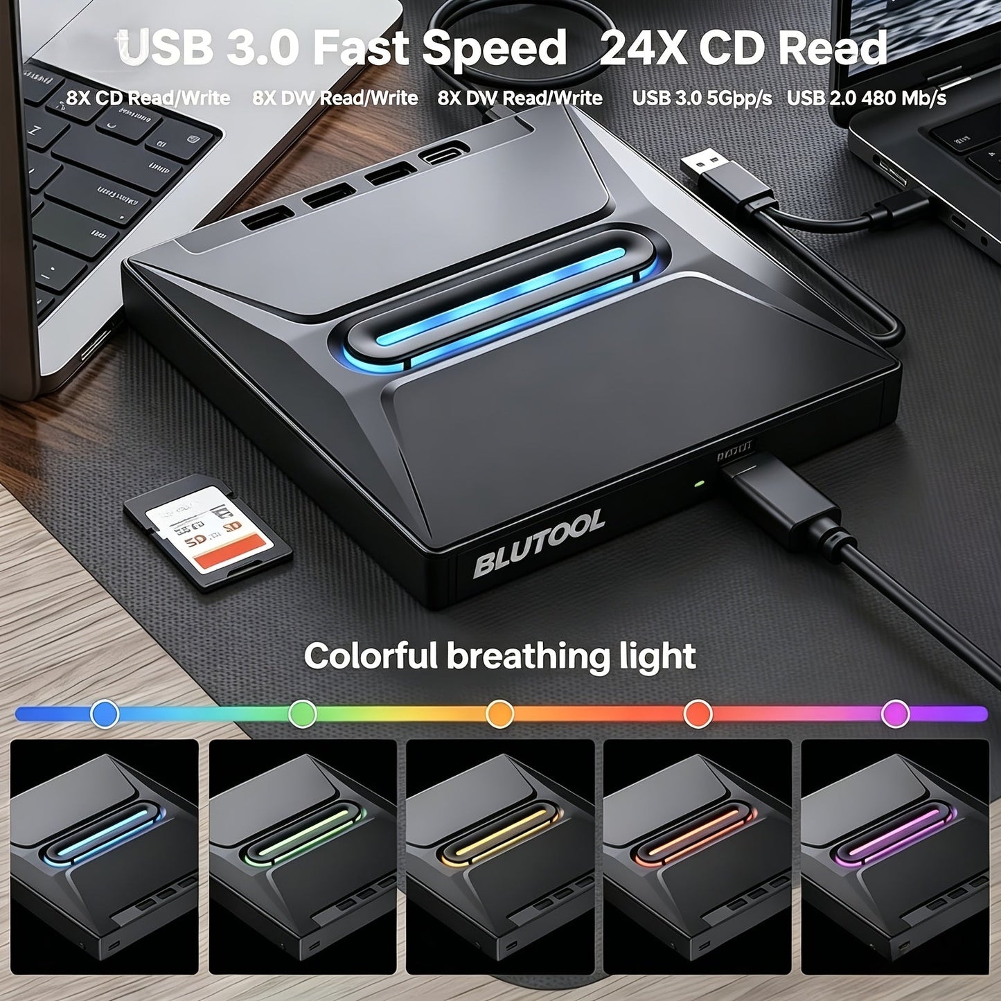 7-in-1 External DVD Drive USB 3.0 with 4 USB Ports & Dual TF/SD Card Reader - High-Speed CD/DVD Burner for Laptop Mac PC, Compatible with Windows 11/10/8/7, Linux, Plug and Play, Office Travel