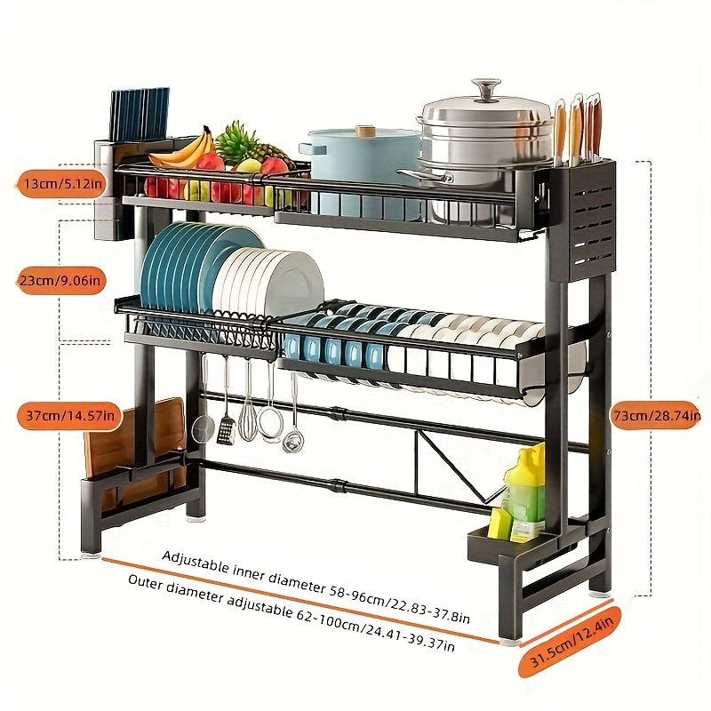 Expandable Over-Sink Dish Drying Rack with Single- or Double-Layer Black Frame and Adjustable Width