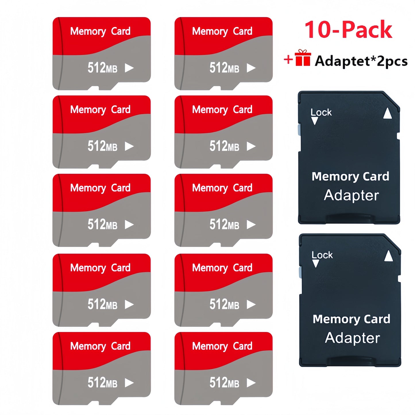 MicroSD Memory Card 10-Pack in 128MB, 256MB or 512MB Capacity Options with Two Full-Size SD Adapters