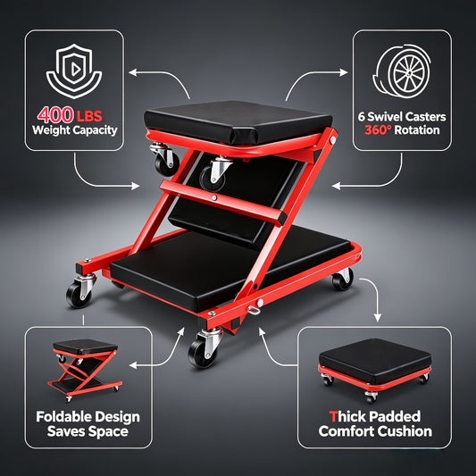 Mechanic Creeper Crawler Seat 36" Z-Type Folding with 6 Swivel Wheels & Adjustable Load Plate - Garage Repair Crawling Board