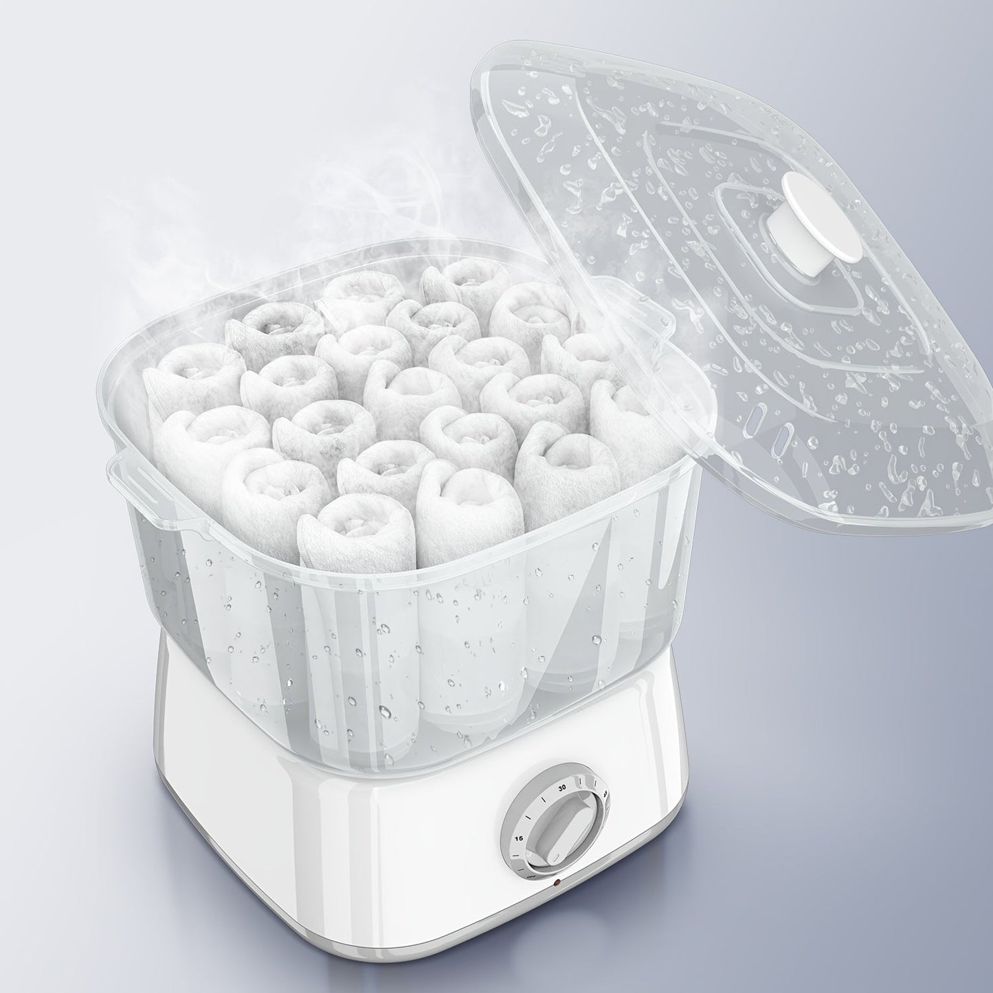 Compact Countertop Towel Steamer with Rotary Control, Black or White Base and Removable Clear Container