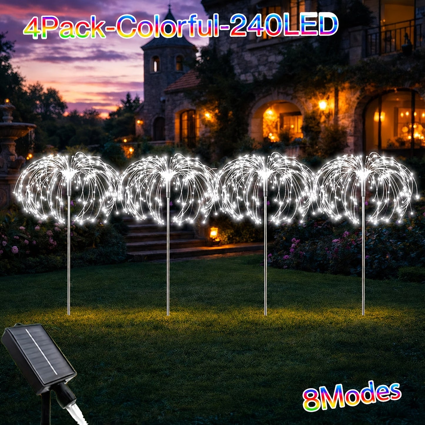Solar Firework Garden Lights Outdoor 12 Pack 750 LED - 8 Modes Waterproof Starburst Stake Lights for Yard, Pathway, Balcony, Christmas & Holiday Decor, Multicolor or White (4-Pack / 12-Pack)