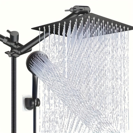 High Pressure Shower Head Combo with Handheld Shower Wall Mounted 9 Spray Settings Rainfall Shower System Adjustable Angle Leakproof with Hose for Modern Bathroom Chrome Matte Black
