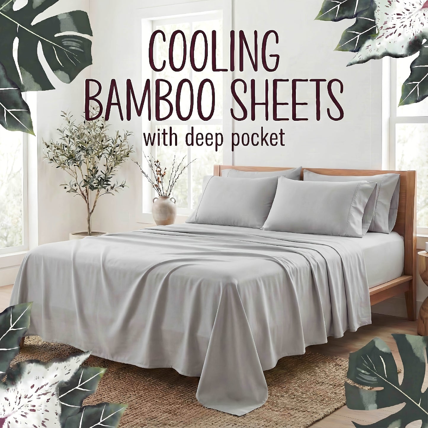 Bed Sheet Set 4-Piece Bamboo Fiber with Deep-Pocket Fitted Sheet, Four Sizes and Twelve Color Options