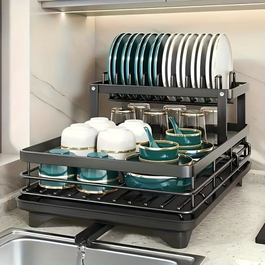 Two-Tier Dish Drying Rack Set with Metal Frame, Drainboard, Mat and Utensil and Cup Holders
