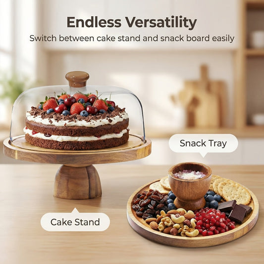 Cake Stand with Acrylic Dome Lid – Acacia Wood Serving Platter 2-in-1 Round Shatterproof Dessert Display Tray for Cheese Charcuterie Fruit Veggie Chips Party Table Centerpiece Holiday Gift