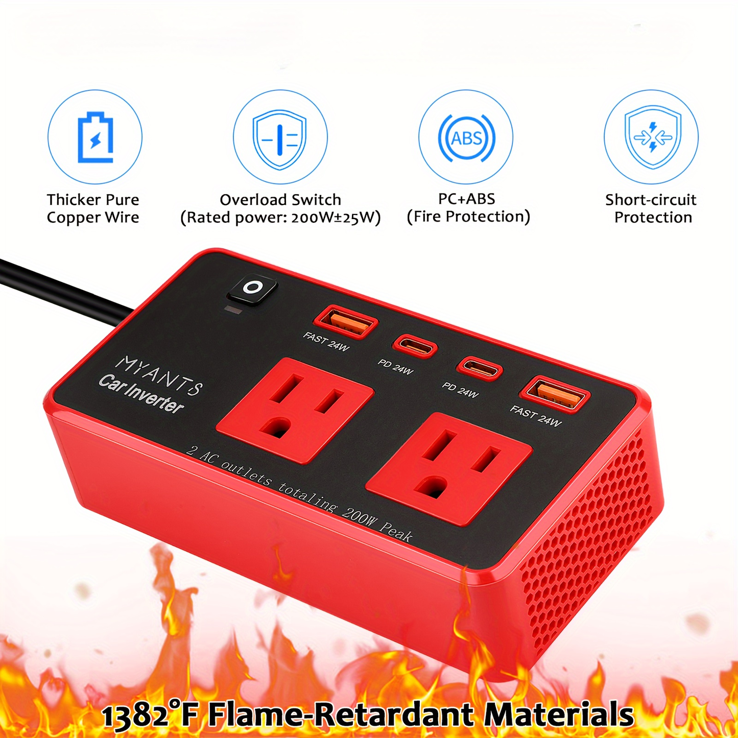 Red 200W Car Power Inverter with Two AC Outlets, USB-A and USB-C Ports, Switch and 12V Plug