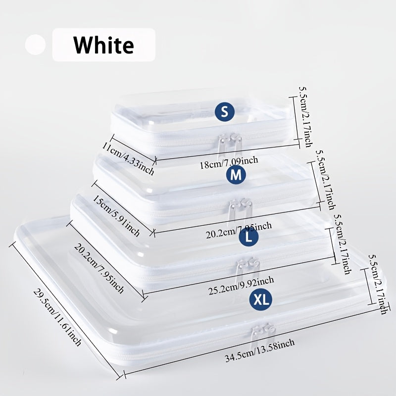 Four-Piece Storage Organizer Set with Clear Zipper Cases in S, M, L and XL Sizes and Four Trim Colors