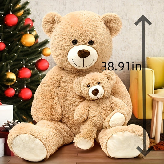 Stuffed Animal Mommy and Baby Teddy Bear Two-Piece Set in Light Brown with Large Cuddly Design