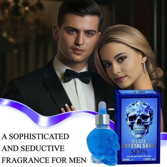 Alcohol-Free Perfume Oil for Men Blue Crystal Skull Bottle 30ml Woody Cologne Long Lasting Portable Travel Fragrance Unique Gift for Him
