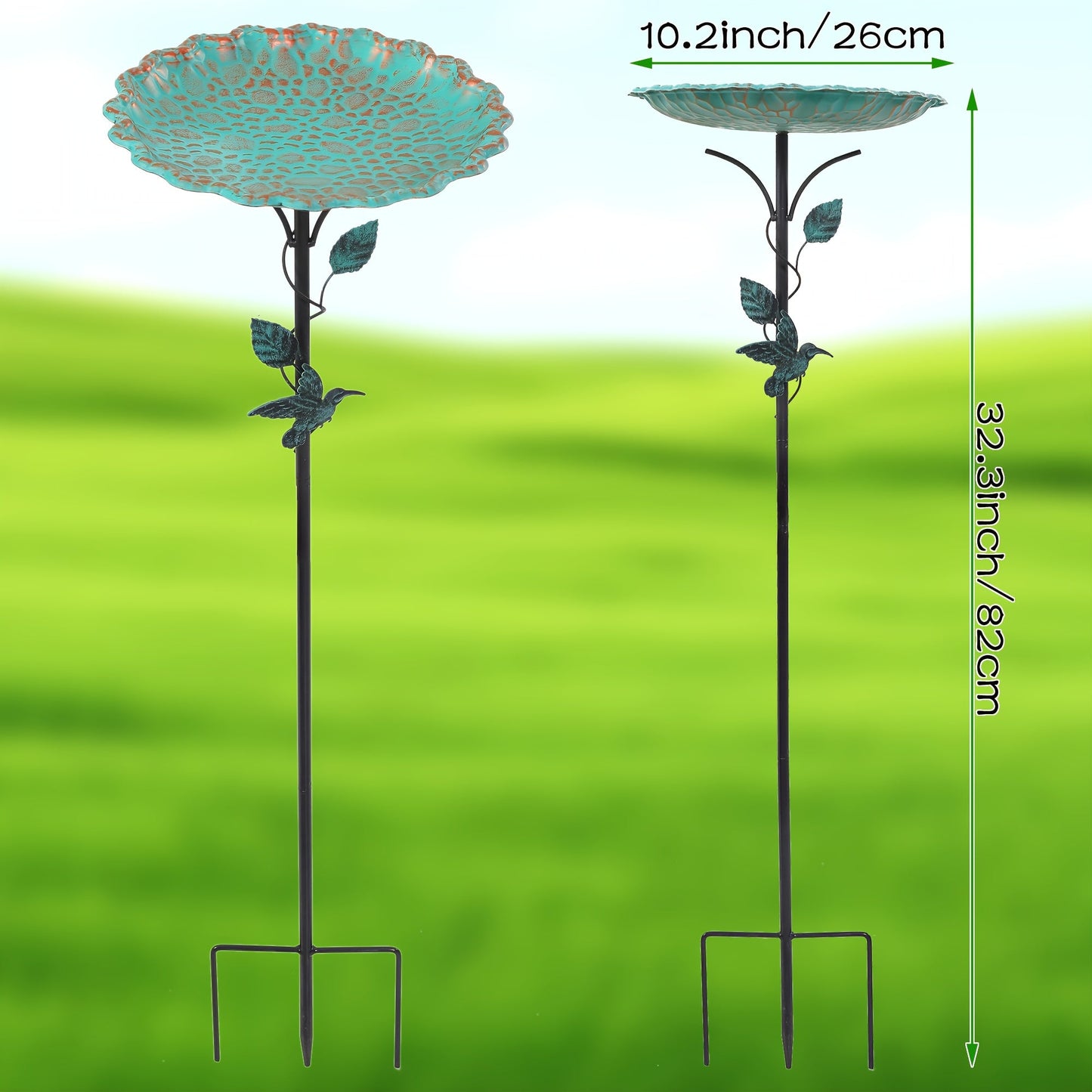 Green Sculpted Lotus-Leaf Bird Bath with 26 cm Bowl, 82 cm Ground Stake and Decorative Bird Perch