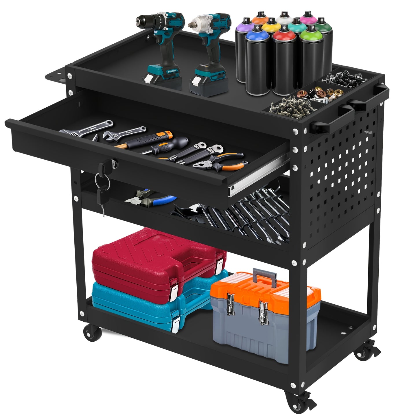 Rolling Tool Cart 3-Layer with Drawers & Screw Box Storage, Heavy-Duty Mechanic Trolley on Wheels for Garage Workshop Repair Shop, 400LBS / 450LBS / 550LBS Load Capacity, Industrial Tool Organizer