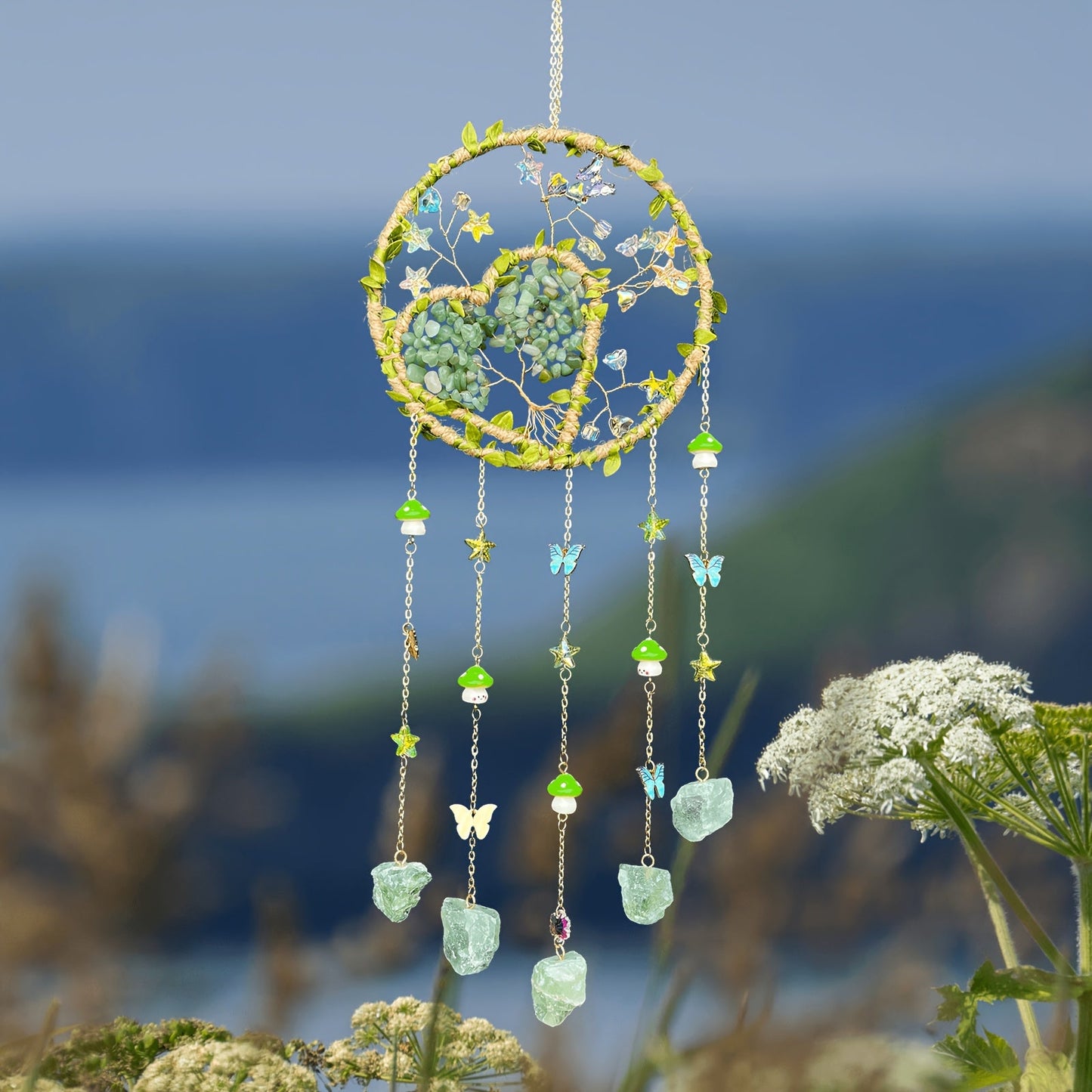 Round Beaded Wall Hanging Decor in Purple, Pink or Green with Heart Charms and Five Hanging Strands