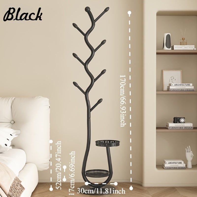 Freestanding Coat Tree with Branching Hooks, Circular Lower Shelf and White, Black or Golden Finish