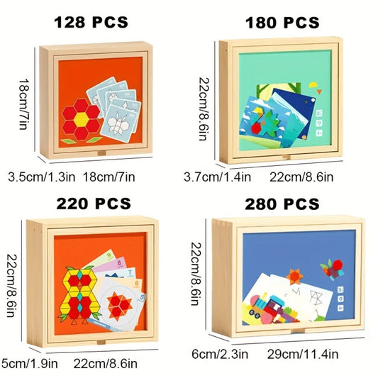 Magnetic Wooden Puzzle Board for Kids – 128/180/220/280 PCS Geometric Shape Recognition & Logical Thinking Toy, STEM Montessori Educational Gift for Boys & Girls Ages 3 4 5 6 7 8