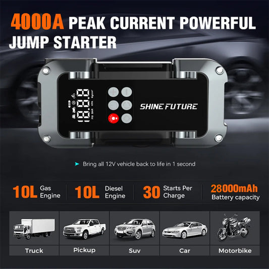Portable Jump Starter Kit 4000A Peak 6-in-1 Battery Booster with Tire Inflator Power Bank Lithium Battery for 12V Car Truck SUV Emergency Roadside Kit