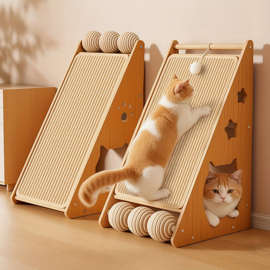 Cat Scratching Board 27 Inch Multi-Functional Sisal Scratcher with Teaser Balls – Wear-Resistant Cat Paw Pads, Furniture Protector, Easy Install Indoor Cat Scratch Pad